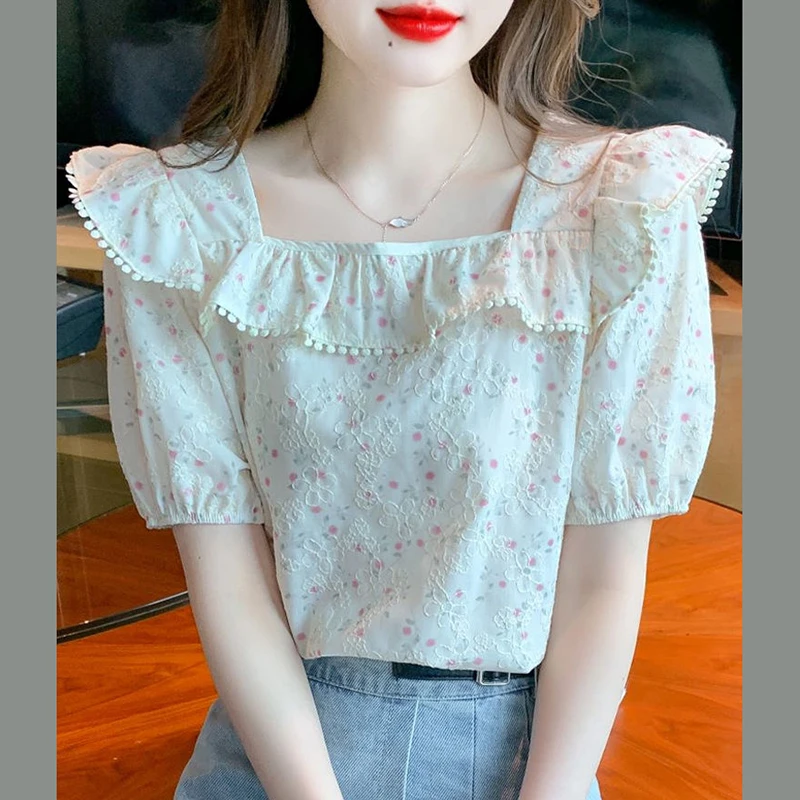 Sweet Square Collar Ruffles Printed Puff Sleeve Blouses Female Clothing 2024 Summer New Loose All-match Tops Chic Chiffon Shirts