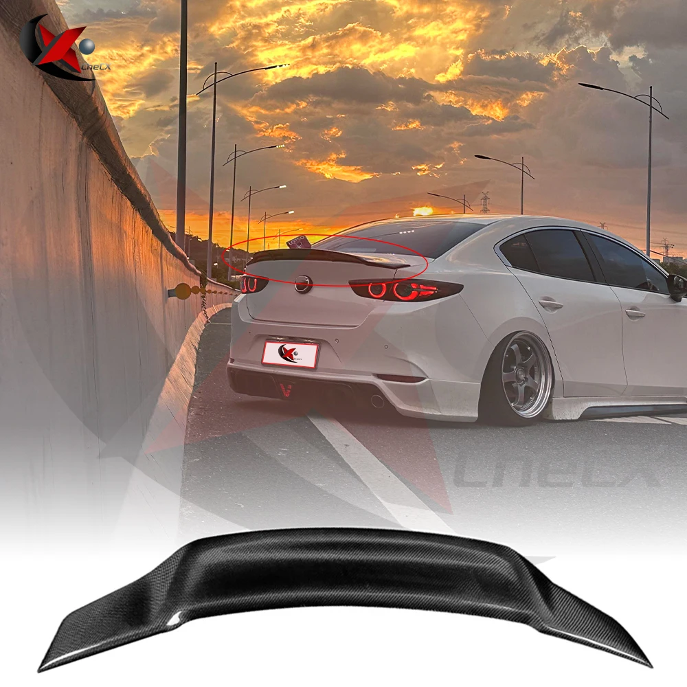 For 2020 2021 2022 2023 Mazda 3 Sedan Car Rear Trunk Real Carbon Fiber Spoiler Wing Lid Rear Tail Lip kit Glossy Black R Style