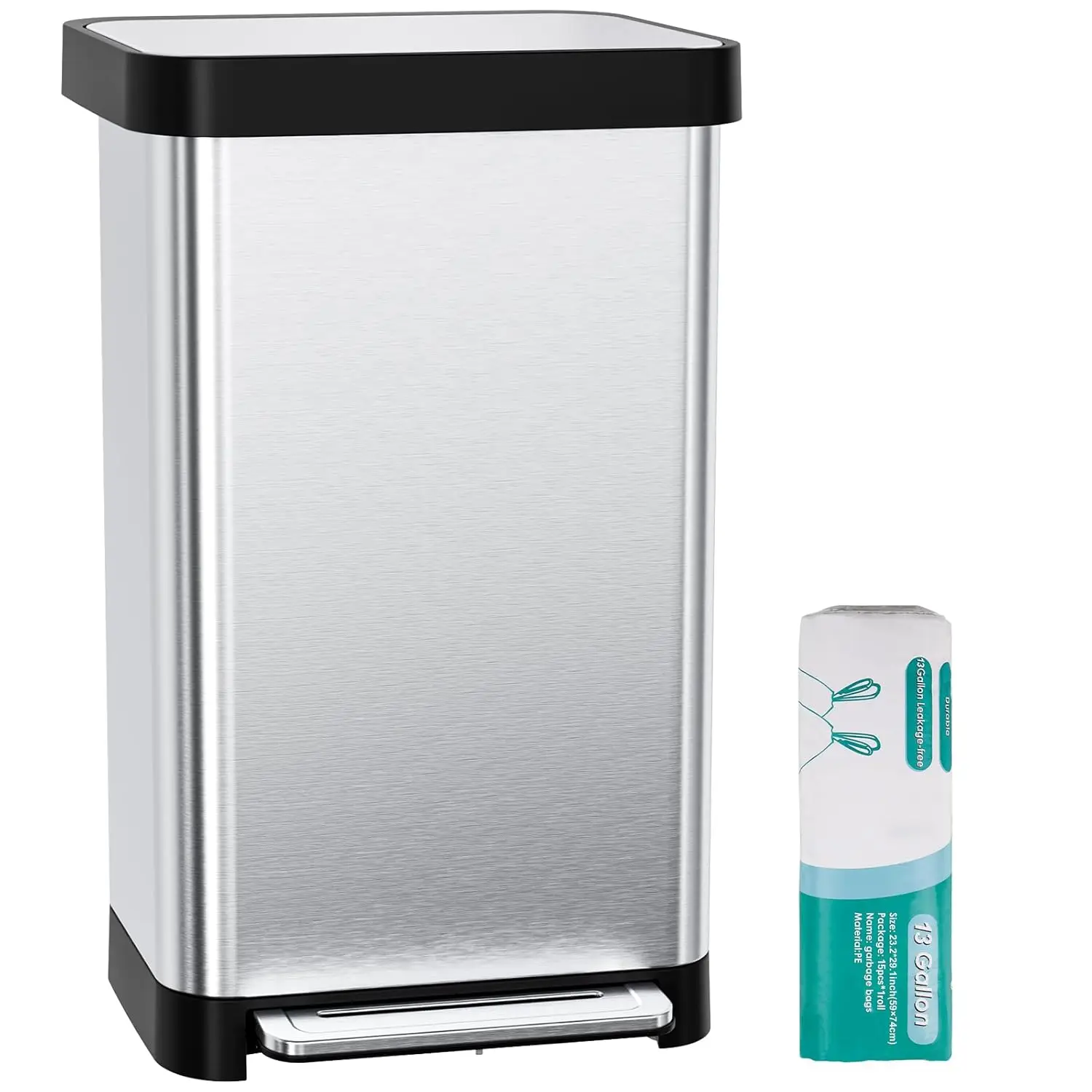 

50L/13.2Gal Stainless Steel Trash Can W/15 Inner Bags & Rear Trash Bag Storage Compartment, Kitchen Step Trash Can, Customized