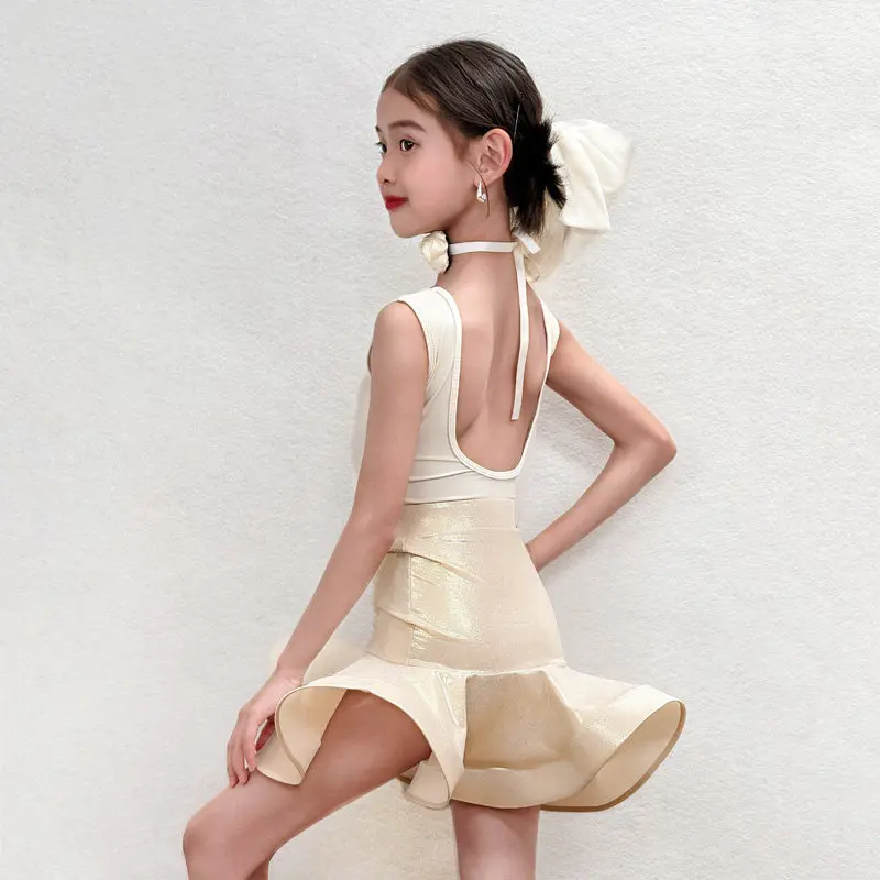 

Stage Girls Latin Dance Dress Practice Backless Bodysuit and Fishbone Large Swing Skirts Rumba Competition Costume Dancewear