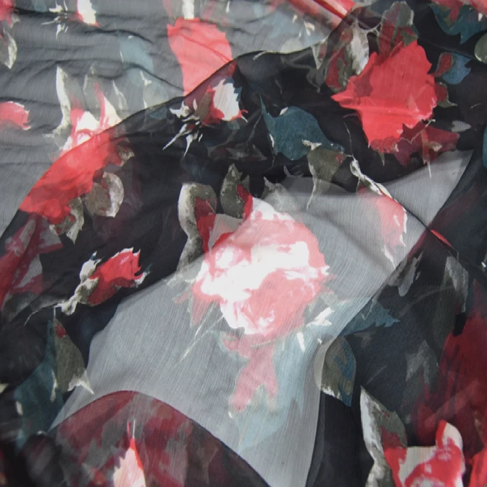 

Red Rose Flower Pure Printed 100% Silk Crinkle Georgette Chiffon Fabric for Lady Charming Spring Relaxing Dress Shawl Scarf