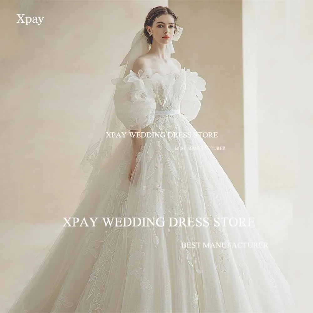 XPAY 3D Lace Appliques Korea Ball Gown Off The Shoulder A Line Wedding Dresses Photography Shoot Elegant Custom Made Bride Gown