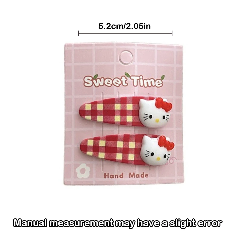 Épingle à cheveux à carreaux Hello Kitty pour filles, pince à cheveux KT de dessin animé mignon, pince BB Sweet Girly, pince à frange latérale, accessoire de cheveux, 2 pièces