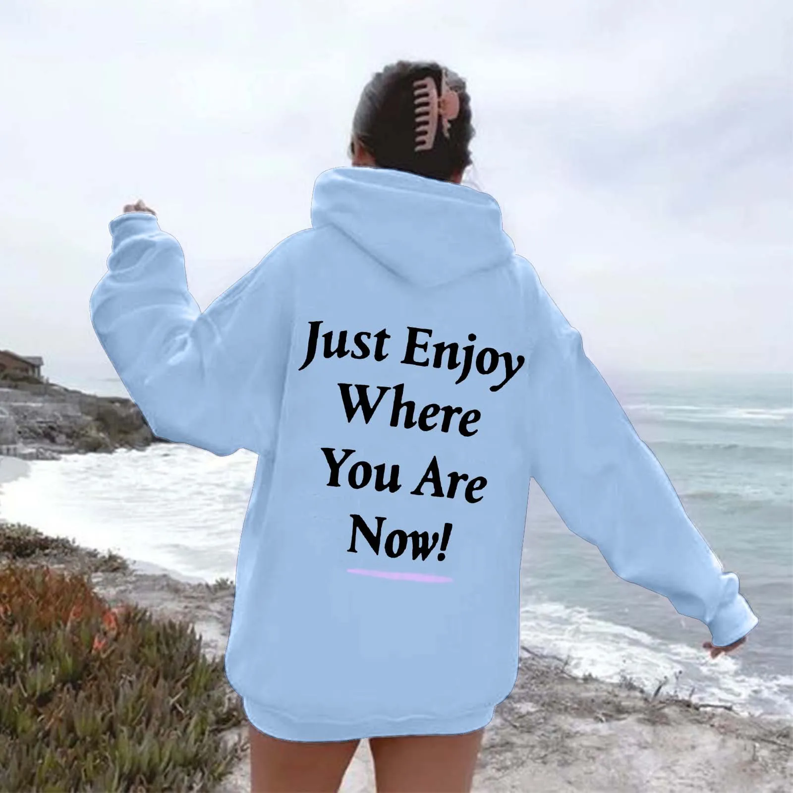 Just Enjoy Where You Are Now Women Amazon new hooded plus velvet printed solid color sweatshirt