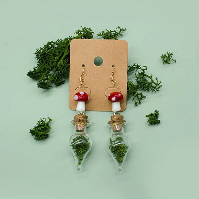 Handmade Statement Mushroom Earrings with Moss Jar Charms Cottagecore | Nature Inspired | Goblincore | Fairycore
