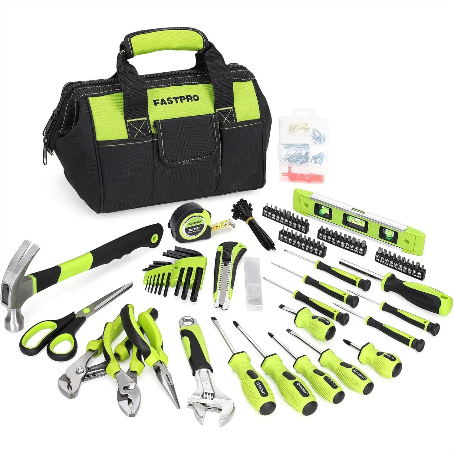 

220-Piece Home Tool Set, Household Repair Kit with 12-Inch Open Storage Bag, Green