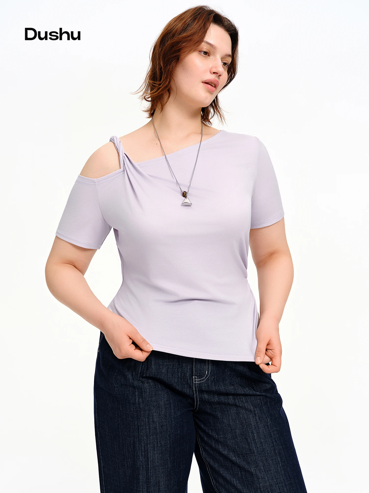 DUSHU Asymmetrical Off-shoulder Women Irregular T-shirt 2026 Summer Short-sleeved Unique Multi-colored Slim-fit Top Solid Ins