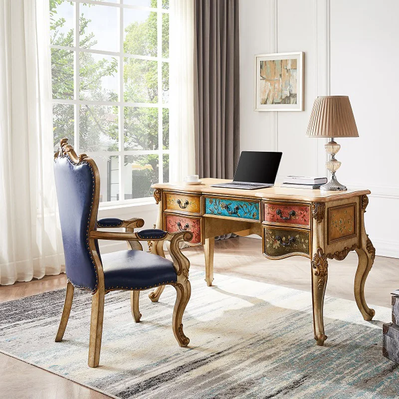 Champagne French luxury computer table retro hand-painted writing table armchair combination solid wood desk