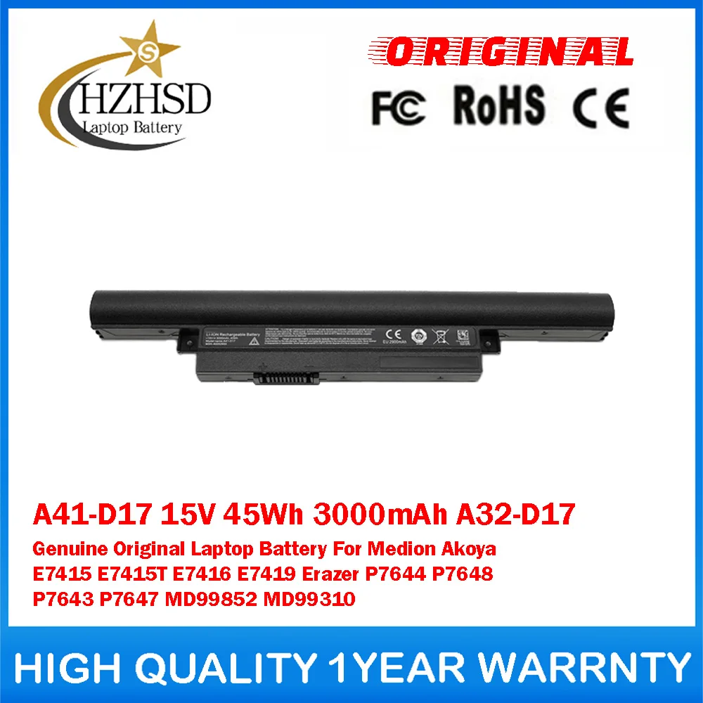 

A41-D17 15V 45Wh 3000mAh A32-D17 Genuine Original Laptop Battery For Medion Akoya E7415 E7415T E7416 E7419 Erazer P7644/48/43/47