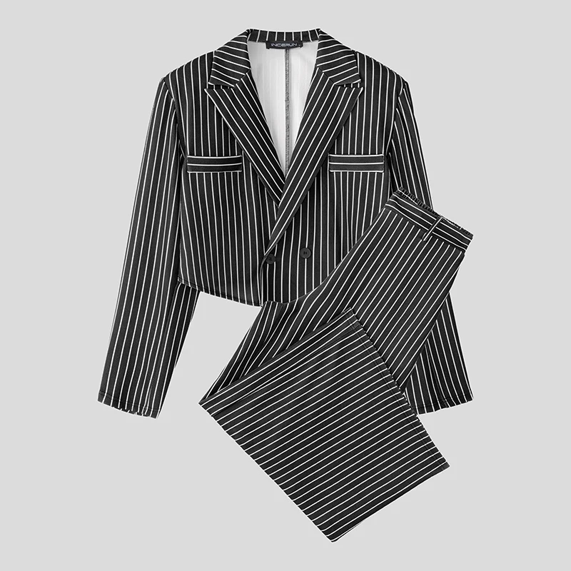 

INCERUN Men Striped Sets Elegant Lapel Long Sleeve Crop Blazer & Wide Leg Pants 2PCS Streetwear Loose Fashion Men's Casual Suits
