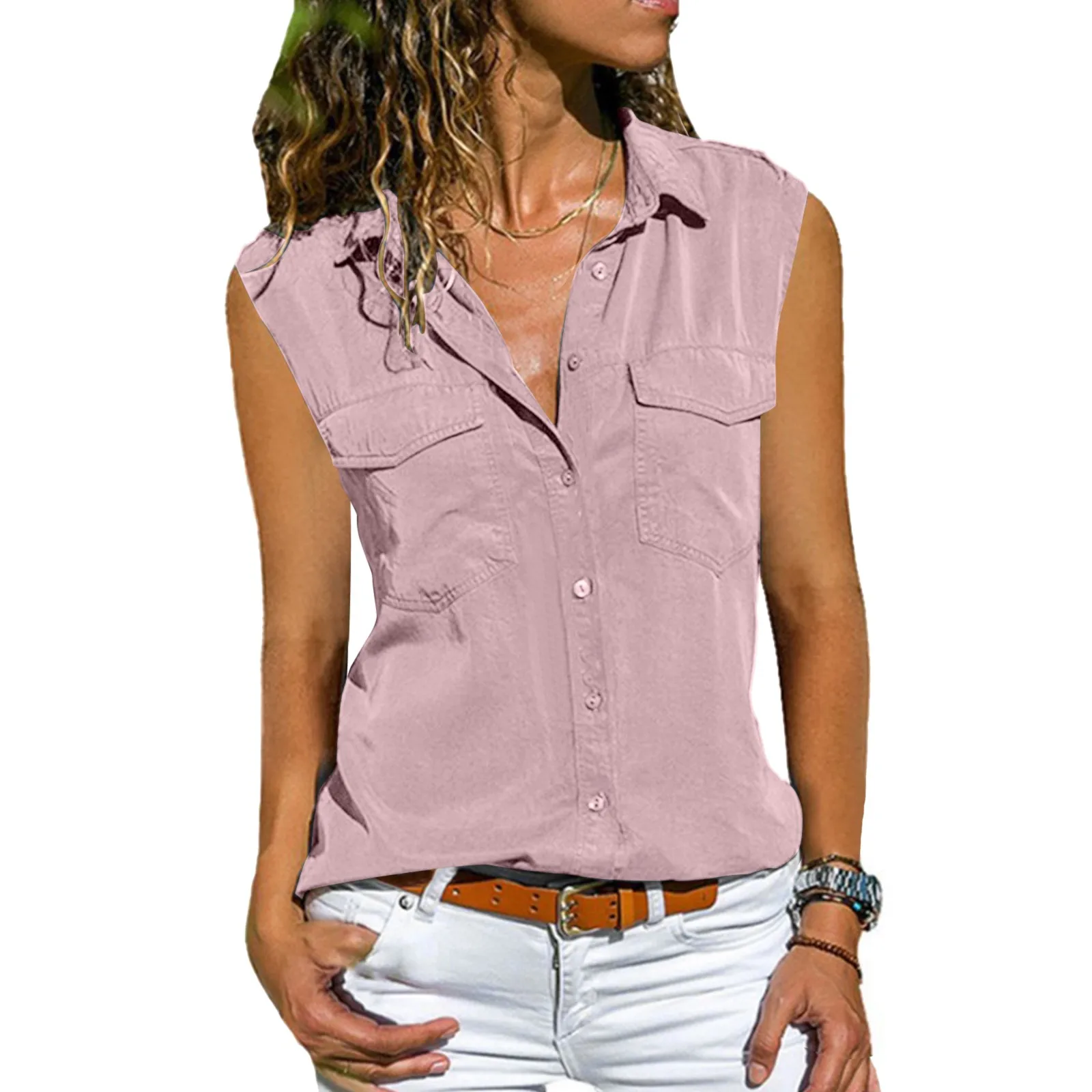 

Summer Top Women Casual Solid Sleeveless Blouse Turn Down Pockets Buttons Lapel Versatile T-Shirts Fashionable Street Outdoor