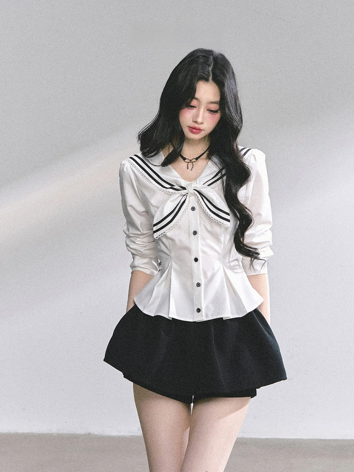 

Женский осенний топ AOMALM Mary Jane College Sle Lace с воротником, темно-синий, приталенный, повседневный, модный, из полиэстера