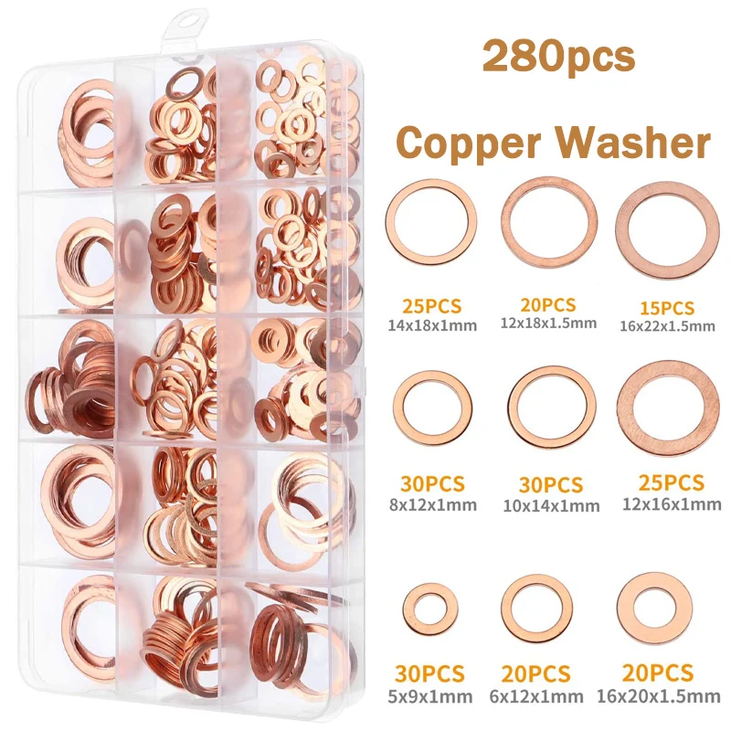 

280pcs M5-M20 Copper Washers O Ring Copper Gaskets Set Flat Ring Seal Kit Assortment Car Copper Sealing Rings For Sump Plugs