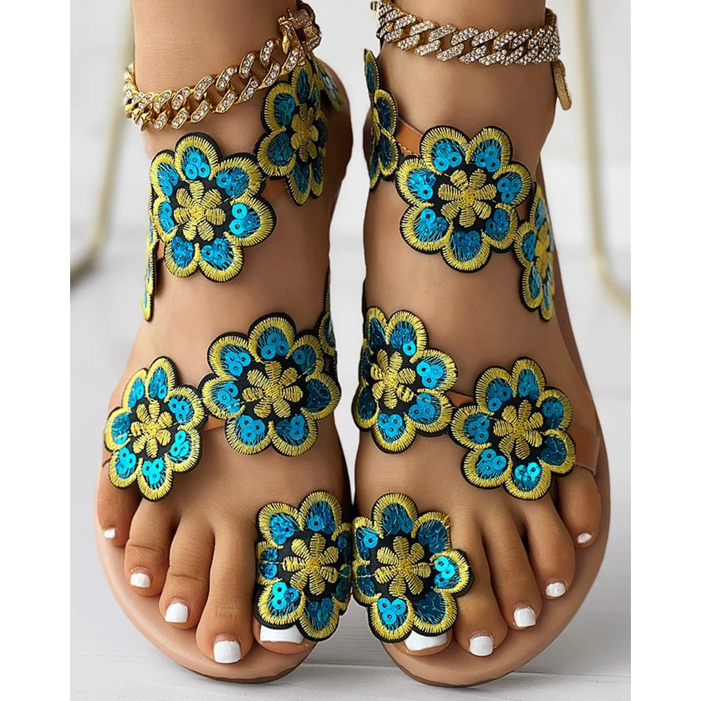 

Women's Outdoor Floral Pattern Embroidery Flat Sandals Toe Post Flip Flops Sandals Summer Going Out Beach Vacation Slippers