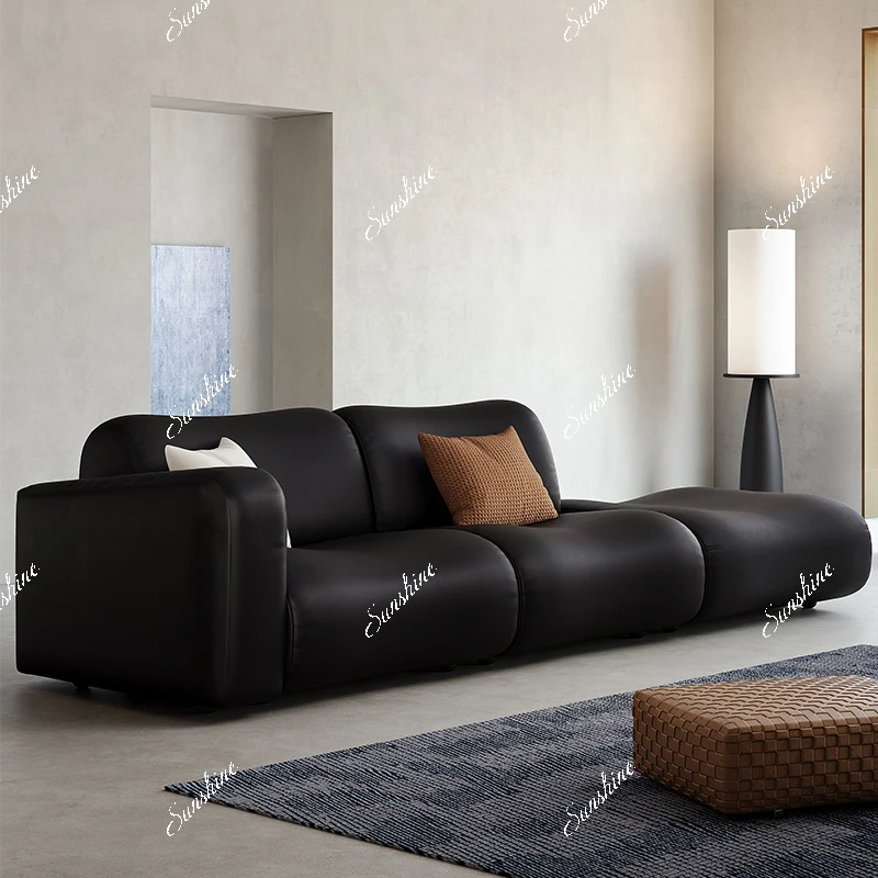 Leather sofa Italian style, retro living room straight row size apartment, black simple and modern