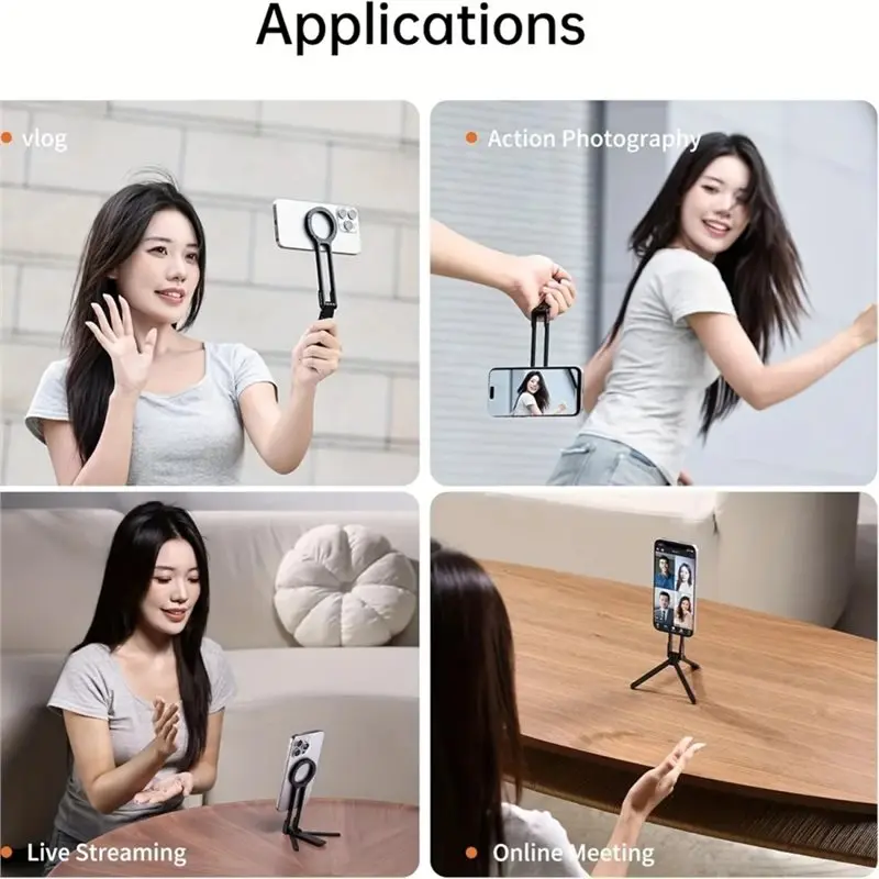 B04C-Tripod Stand With Magnetic Ring Pocket Foldable Cell Phone Stand Magnetic Phone Stand Fits Meeting Vlog Gym Travel Sliver
