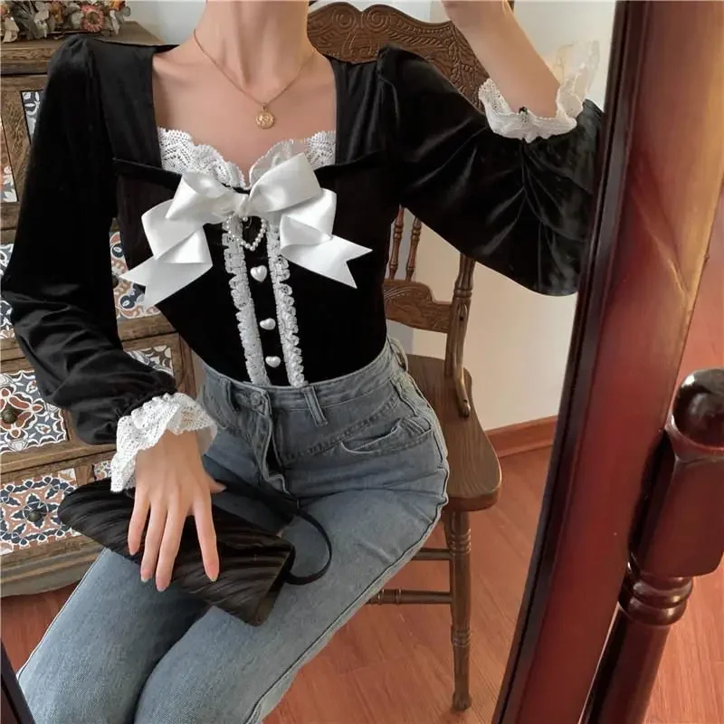 Frill Lace Ruffle Bow Pearls Heart Shape Button Black Velvet Shirt Long Sleeve Blouse Women Korean Clothes Cute Retro Top Blusas