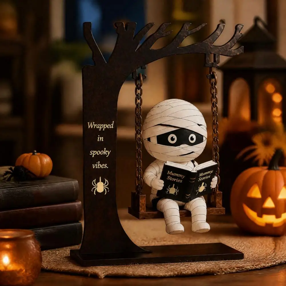 Funny Halloween Swing Ornament Witch/Skeleton/Mummy/Pumpkin Ghost Sitting on Swing Reading Book Figurine for Desktop Decor