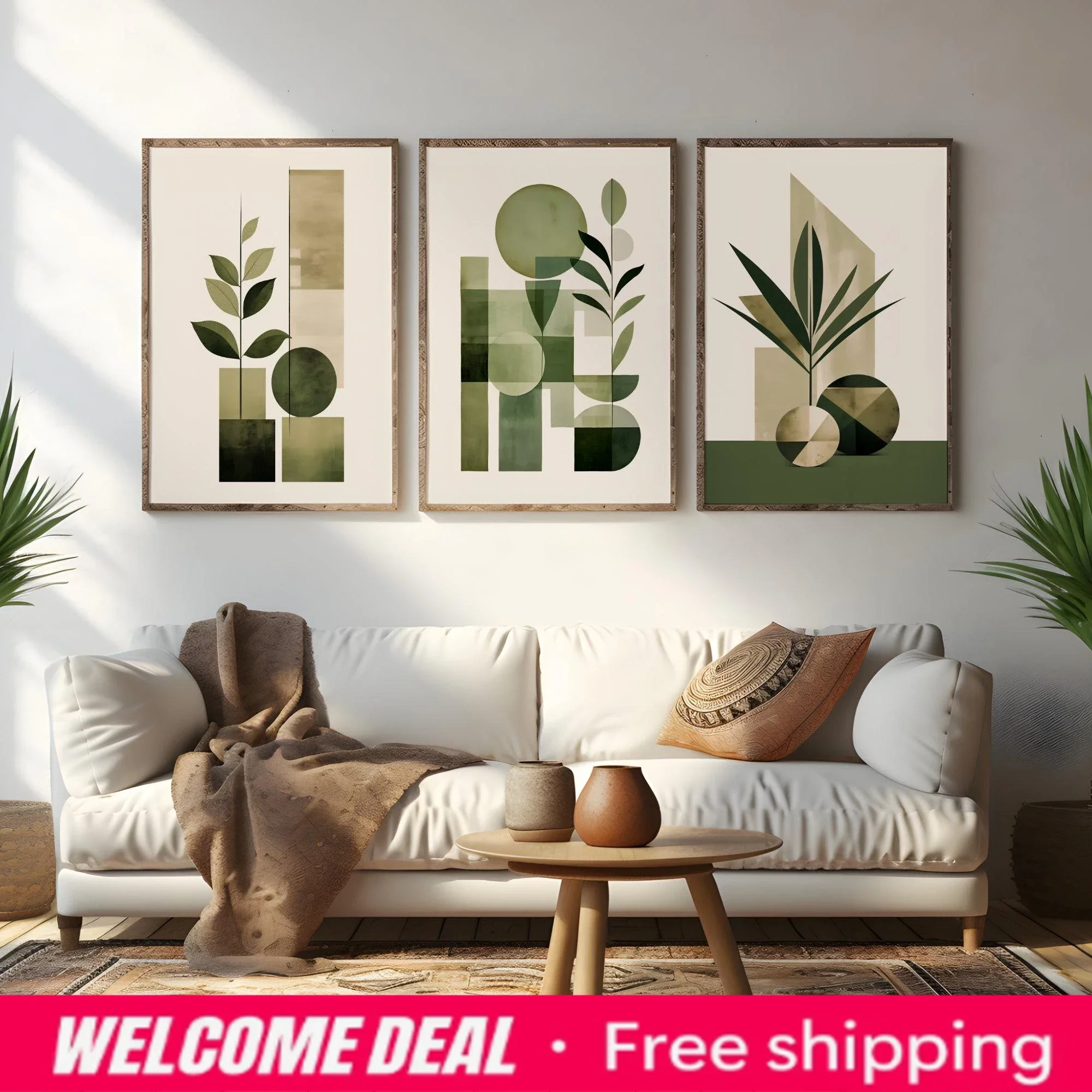 Mid‑Century Geometric Botanical Wall Art Set, Sage Olive Green Abstract Leaf Canvas Prints, Minimalist Boho Neutral Home Deco