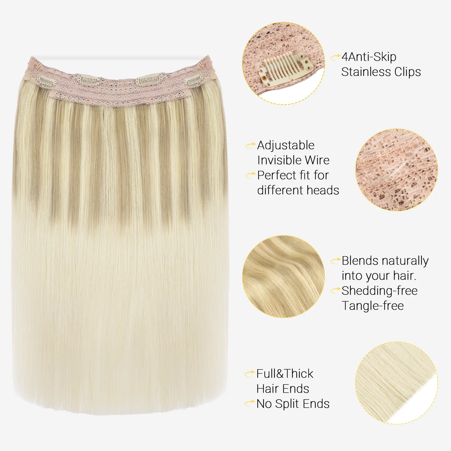 Sunmofavo Wire Halo Hair Extensions Real Human Hair Fish Line with 4 Secure Clips Golden Ombre Gradient for Women Daily Wear - view 3