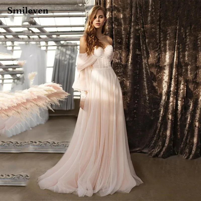 

Smileven Long Puff Sleeve Wedding Dress A Line Light Pink Bride Dresses Elegant Modest Vestido de novia Wedding Gown Customized