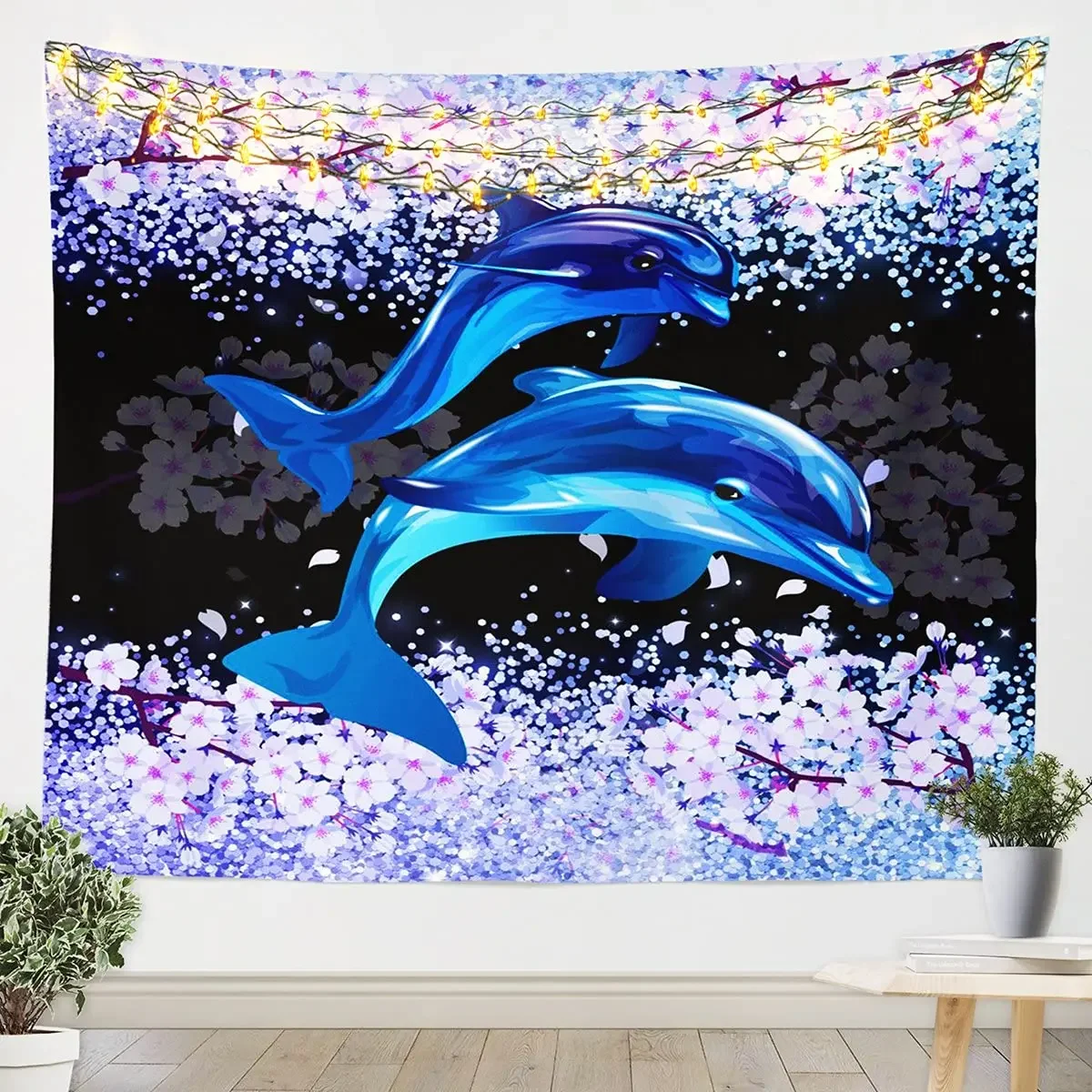 Galaxy Dolphin Tapestry Coastal Ocean Waves Tapestry Wall Hanging Cherry Blossoms Sea Animal Tapestries Moon Sky Starry Blanket