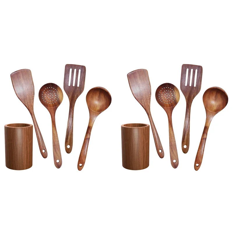 

AS60-Wooden Tableware,Teak Kitchen Cooking Tableware Set With Stand, For Non-Stick Cookware,Wooden Shovel Spoon Cooking 10Pcs
