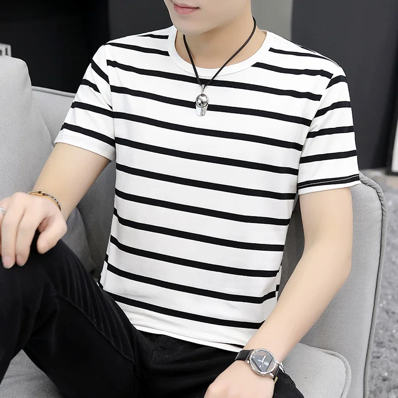 Casual Sporty Men's Short Sleeve T-Shirt Trendy Slim Fit Striped Breathable Versatile round Neck Cotton Polyester Blend Sprin...