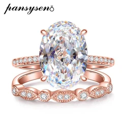 PANSYSEN  9CT Radiant Cut Simulated Moissanite Diamond Ring Set for Women 925 Sterling Silver 18K Rose Gold Plated Wedding Rings