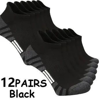12Pairs Men Black White Grey Towel Bottom Sweat Absorbent Anti Odor Breathable Non Slip Ear Loop Short Socks For Running Sport 4