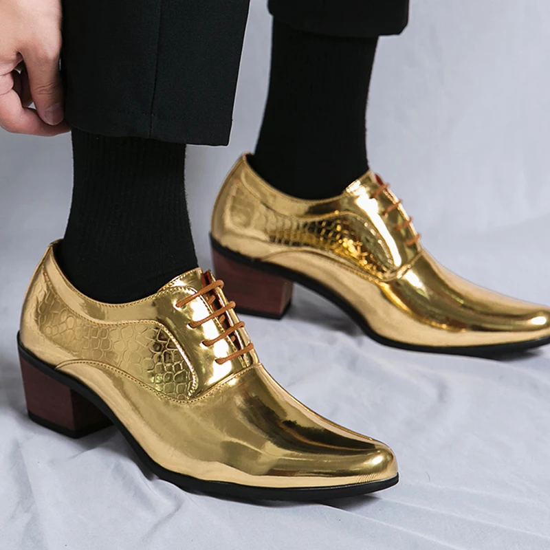 Quality Mens Luxury Brand Gold Pointed Toe High Heels Wedding Shoes Non-slip Dress Shoes 2023 Classic Designer Sneakers  for Men