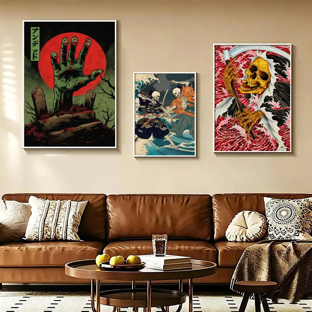 Japanese Skeleton Ukiyoe Dark Vintage Poster Modern Aesthetic Wall Art for Home Bar Cafe Bathroom Decor