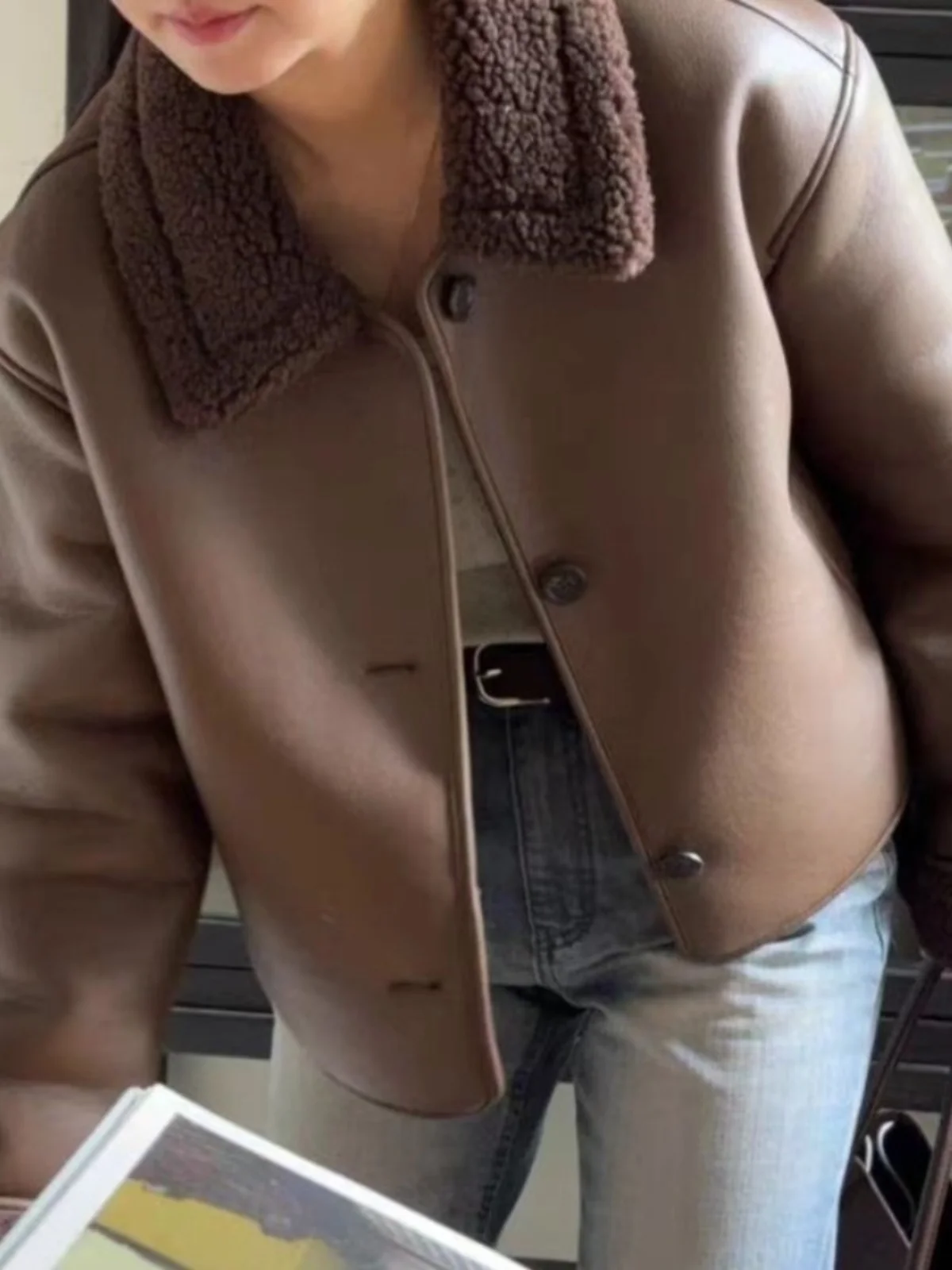 Chic Short Leather And Fur Jacket Women's Stylish Vintage Hong Kong Style Outerwear Trendy Top PU Leather Long Sleeve