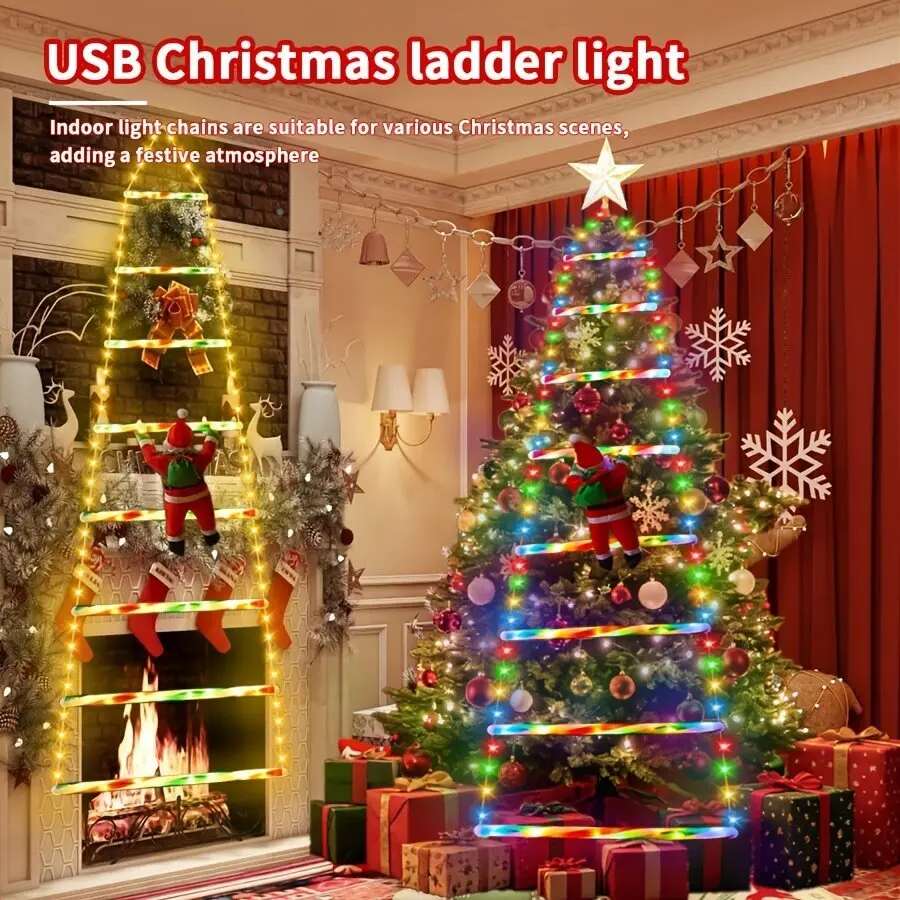 USB Climbing Santa Ladder Light Christmas Hanging Decoration LED Creative Ladder-Shaped Light Strip with 8 Modes Remote Control
