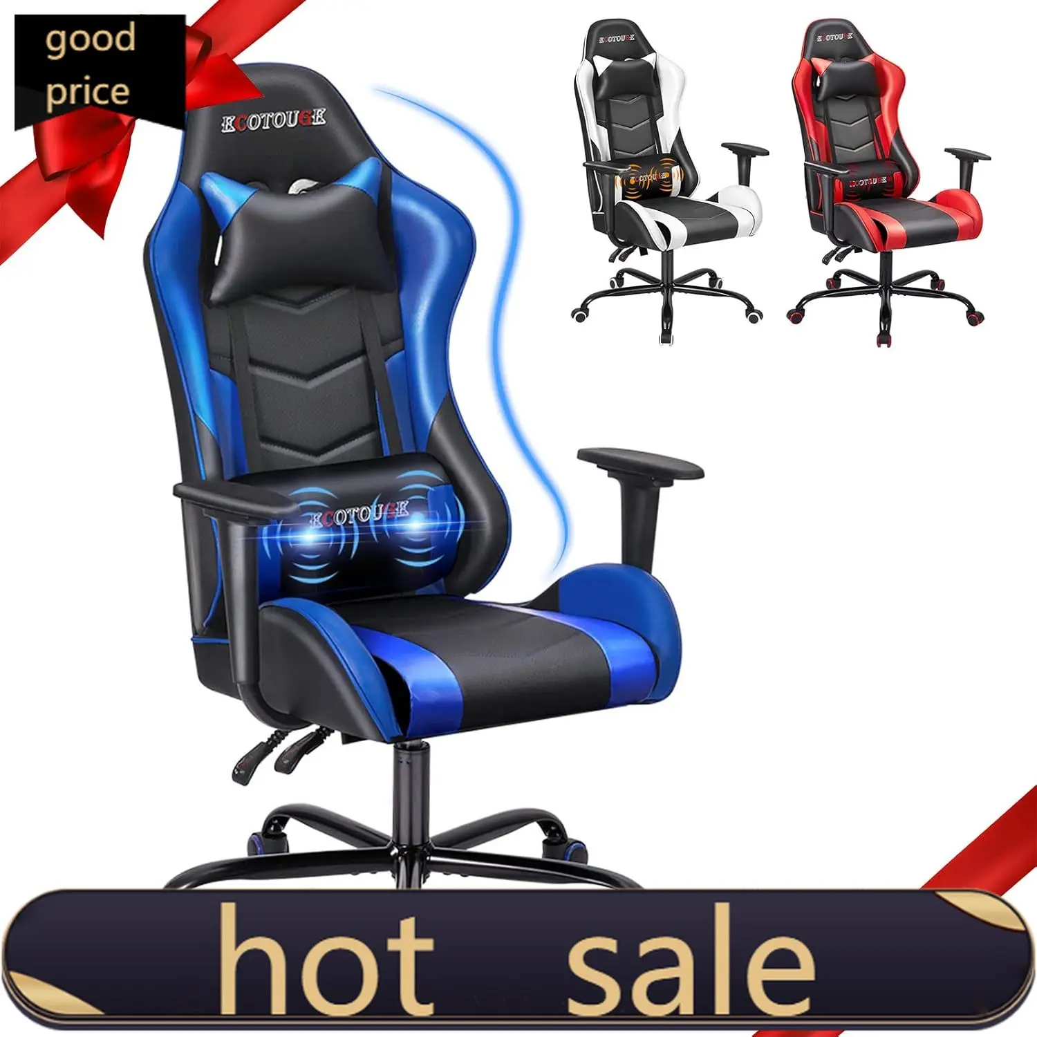 

PC Gaming Chair with Headrest and Lumbar Pillow Massage Ergonomic Office Desk Chair Racing PU Leather Recliner Swivel Rocker, Bl