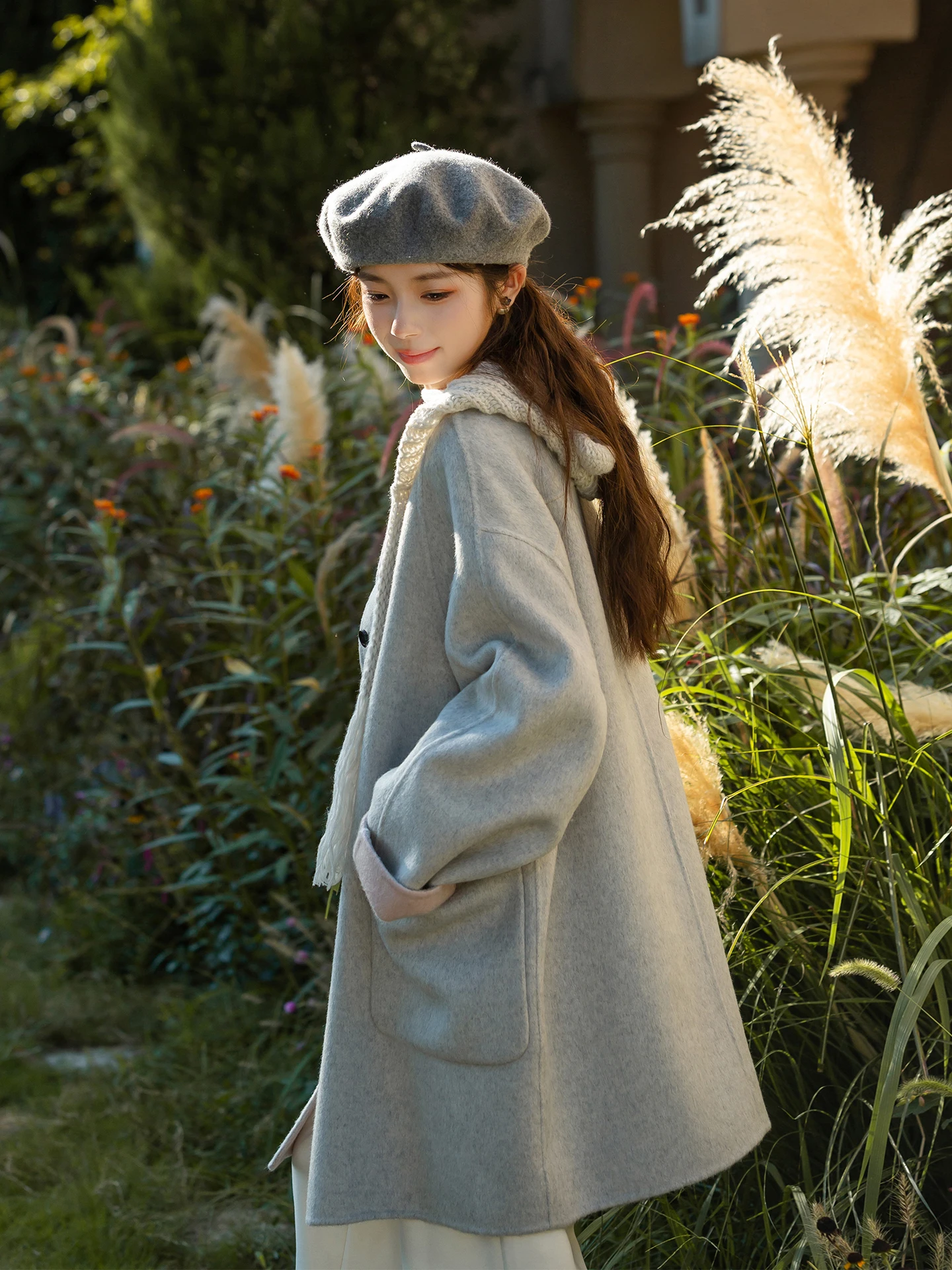 

ay Woolen Coat Pure Color round Ne AB Face Woolen Coat Long Sve Loose Fit Youth Women's Faion Autumn Winter Coat