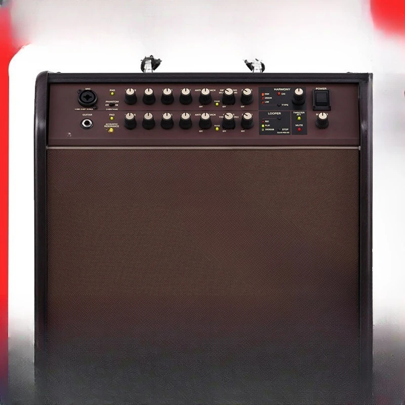 Speakers, electric box piano, folk guitar playing and singing stereo