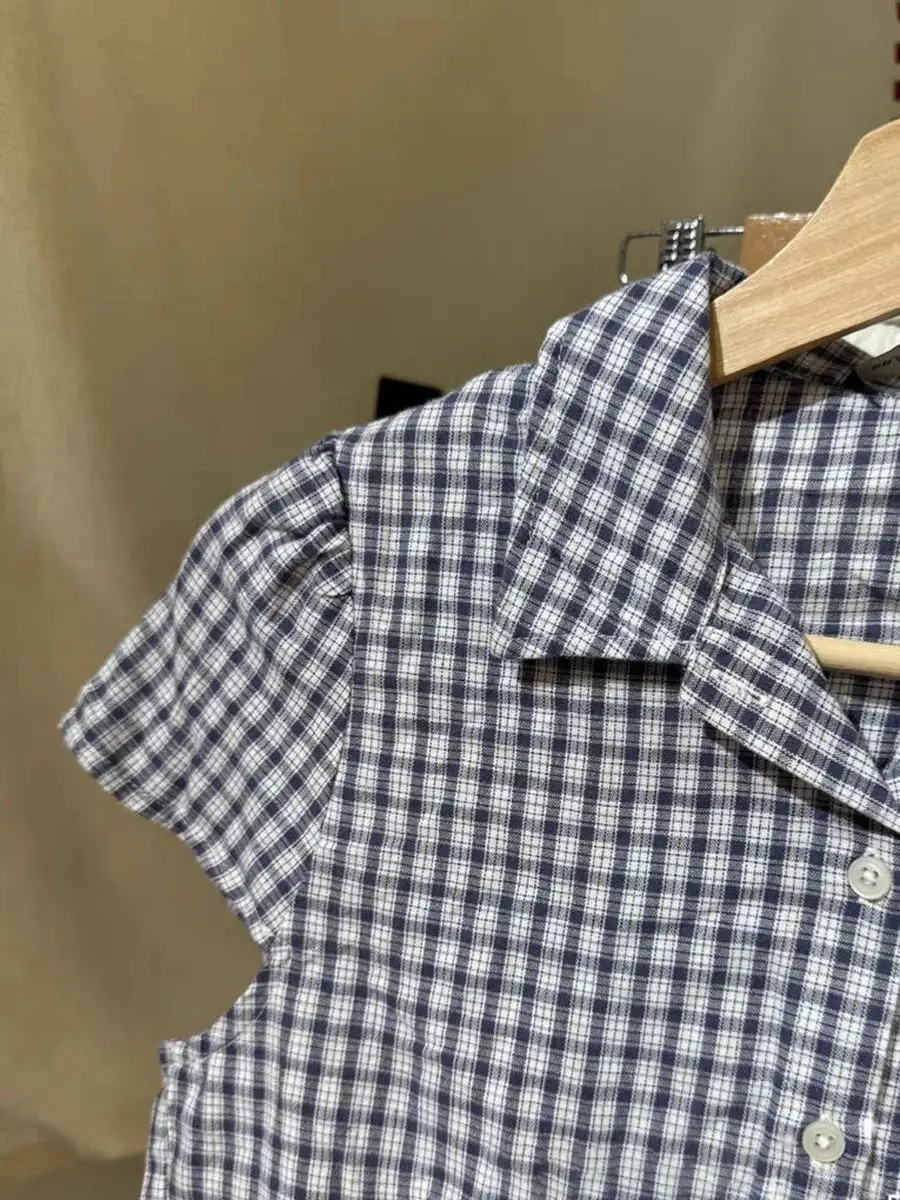 Navy Plaid Bluse Shorts 2-teilige Sets Frau Revers Kurzarm T-Shirt + Kordelzug Sweatshorts Vintage süße Baumwolle Slim Sets