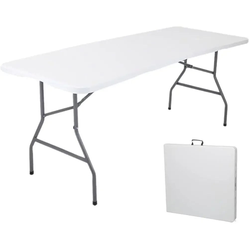 Mesa plegable de 6 pies, mesa plegable portátil de plástico con patas de acero y asa de transporte para fiestas, cenas, pícnic en interiores/exteriores, camping