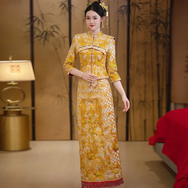 

Новое высококачественное платье дракона и феникса на заказ, роскошное платье для тяжелой промышленности в китайском стиле.