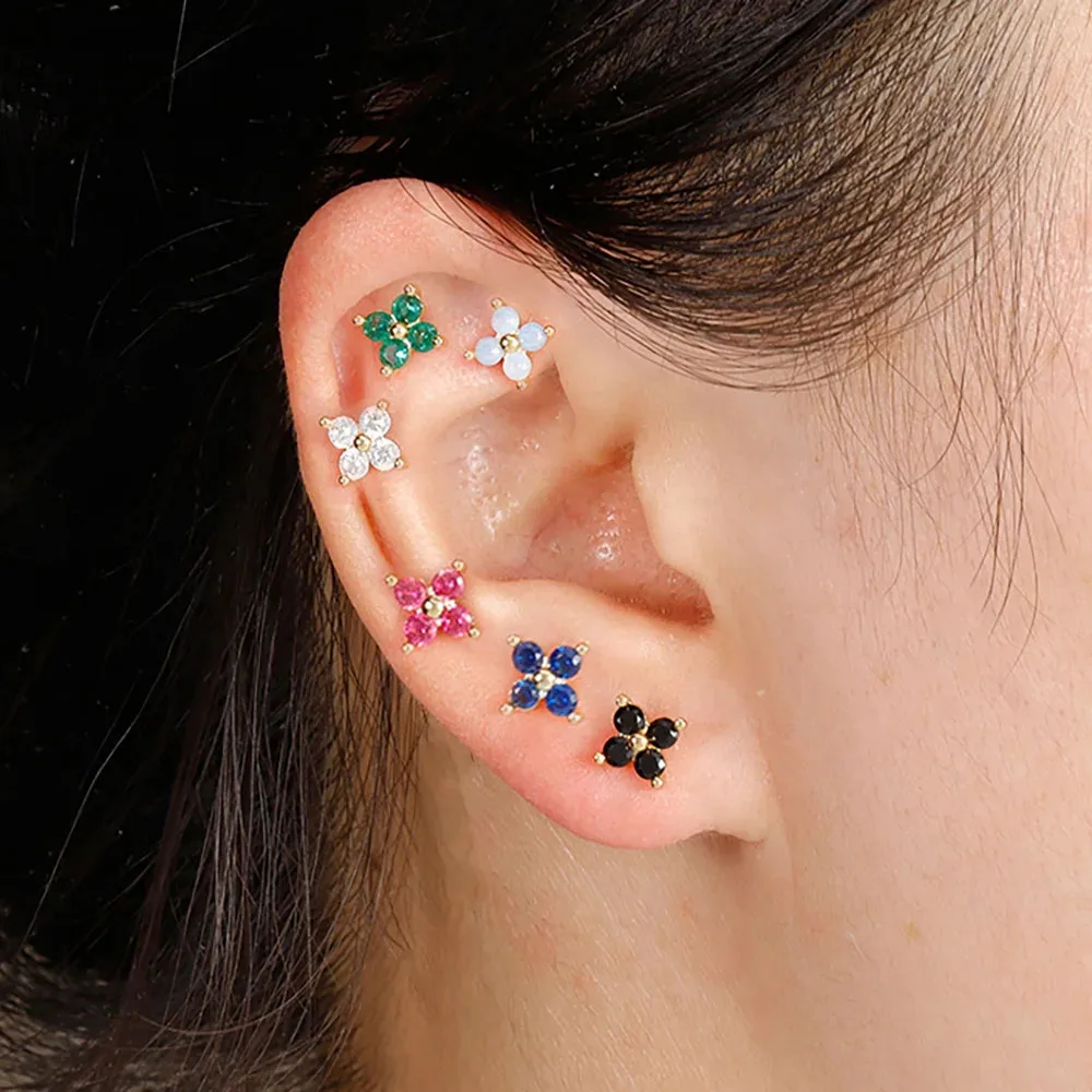 

kimsu 925 Sterling Silver Ear Bone Piercing Screw Beads Colored Zircon Flower Stud Earrings for Women Fashion Chic Jewelry Gift