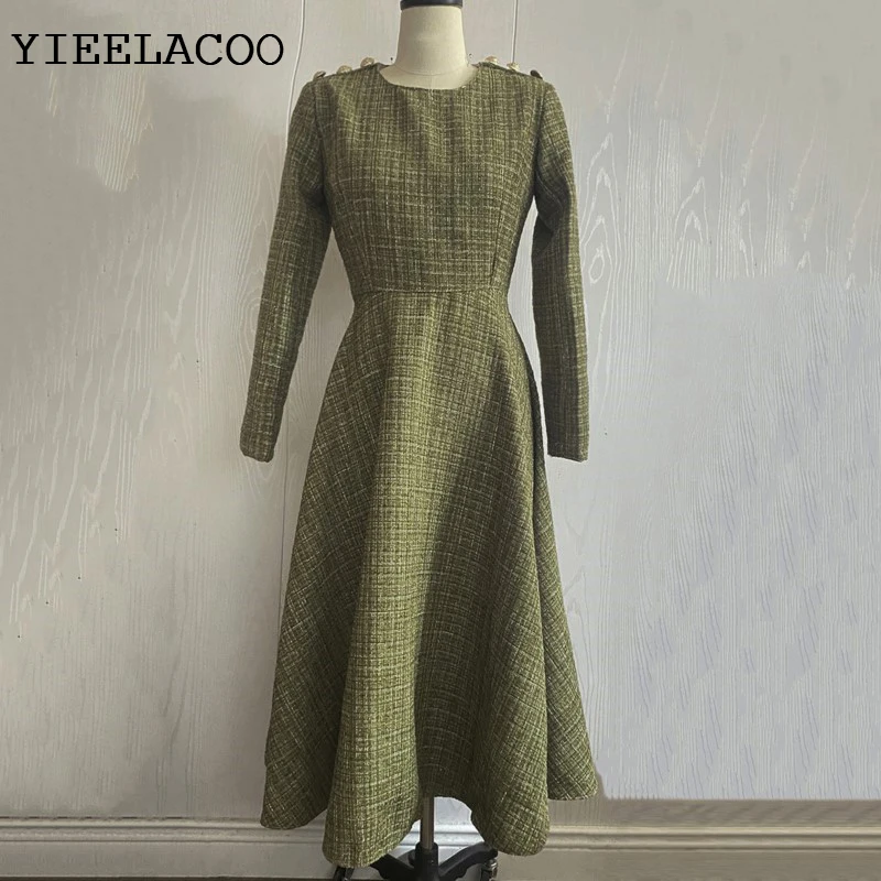 Dark green tweed dress Long sleeve  spring / autumn women's dress  tassel ladies slim bottoming dress one-piece