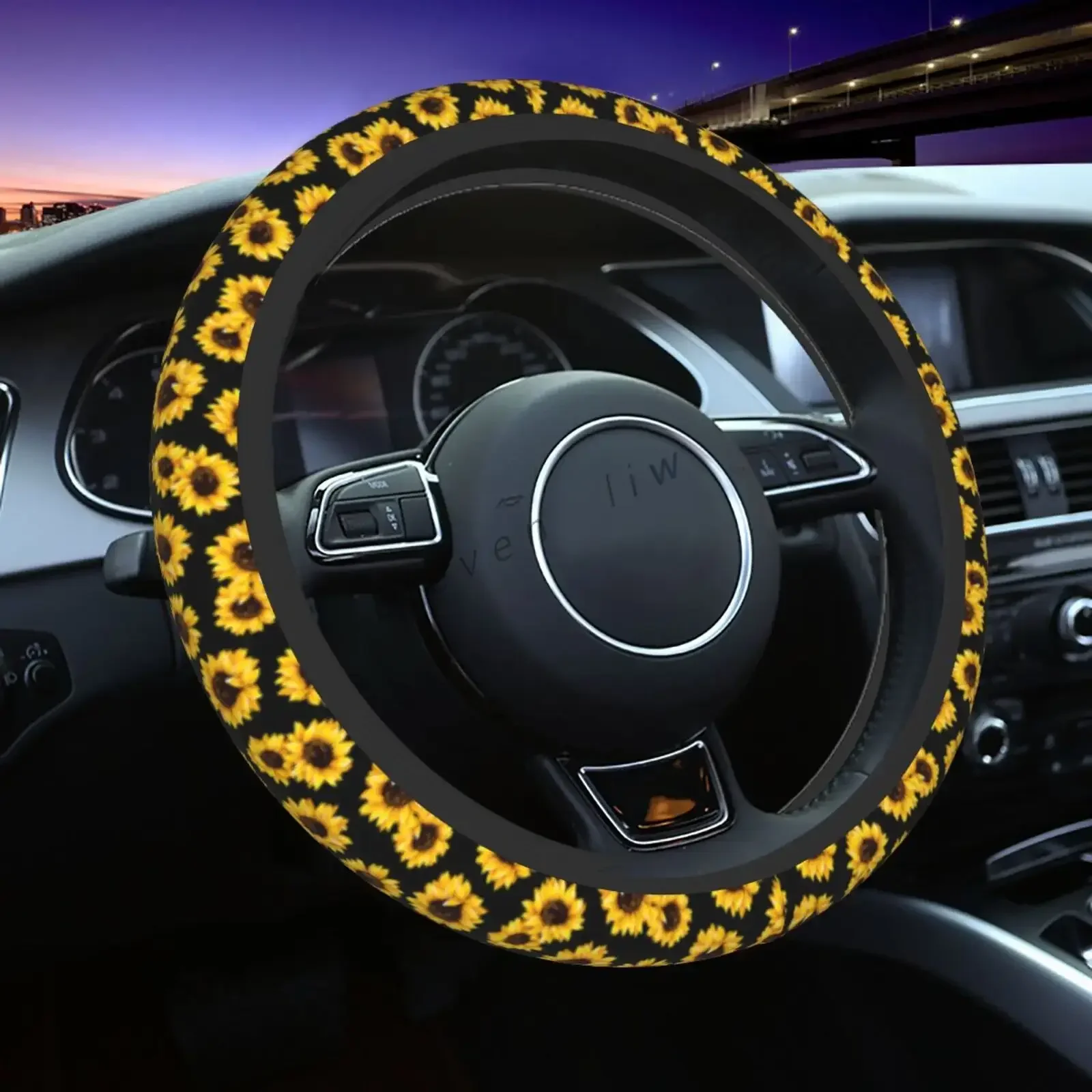 Sunflower Flower Car Steering Wheel Cover with 15 Inch Car Accessories for Women, Men and Girls Car Decoration Protector