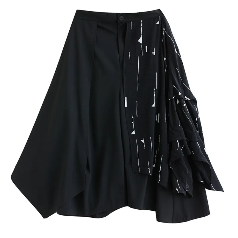 k Sle Faion Pantalones asimétricos de pierna ancha Falda de cintura alta Nine puntos Poliéster Mezcla de algodón Estampado sin piel Casual Pan...