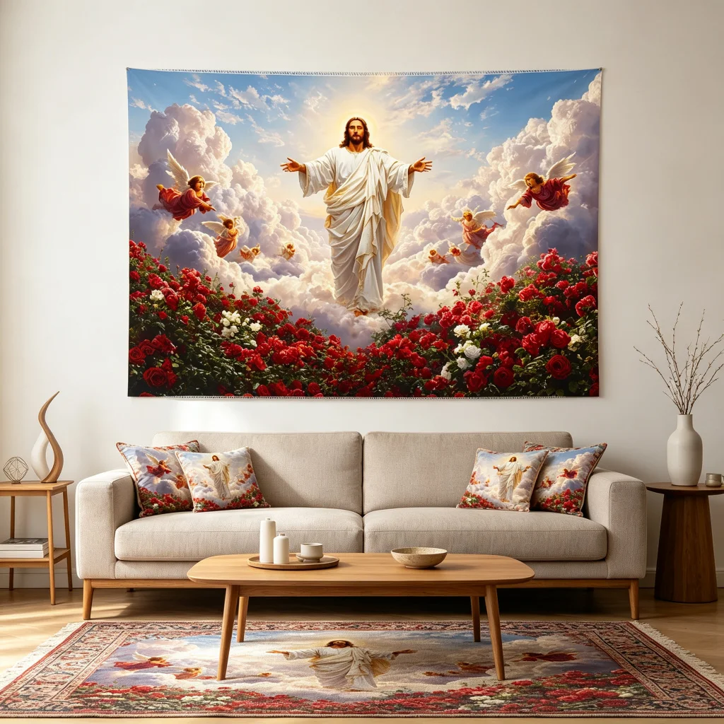 1PC Jesus Angel Cloud Art Print Backdrop Banner, Bedroom Living Room Photo Background, Polyester, Home Decor, Wall Art