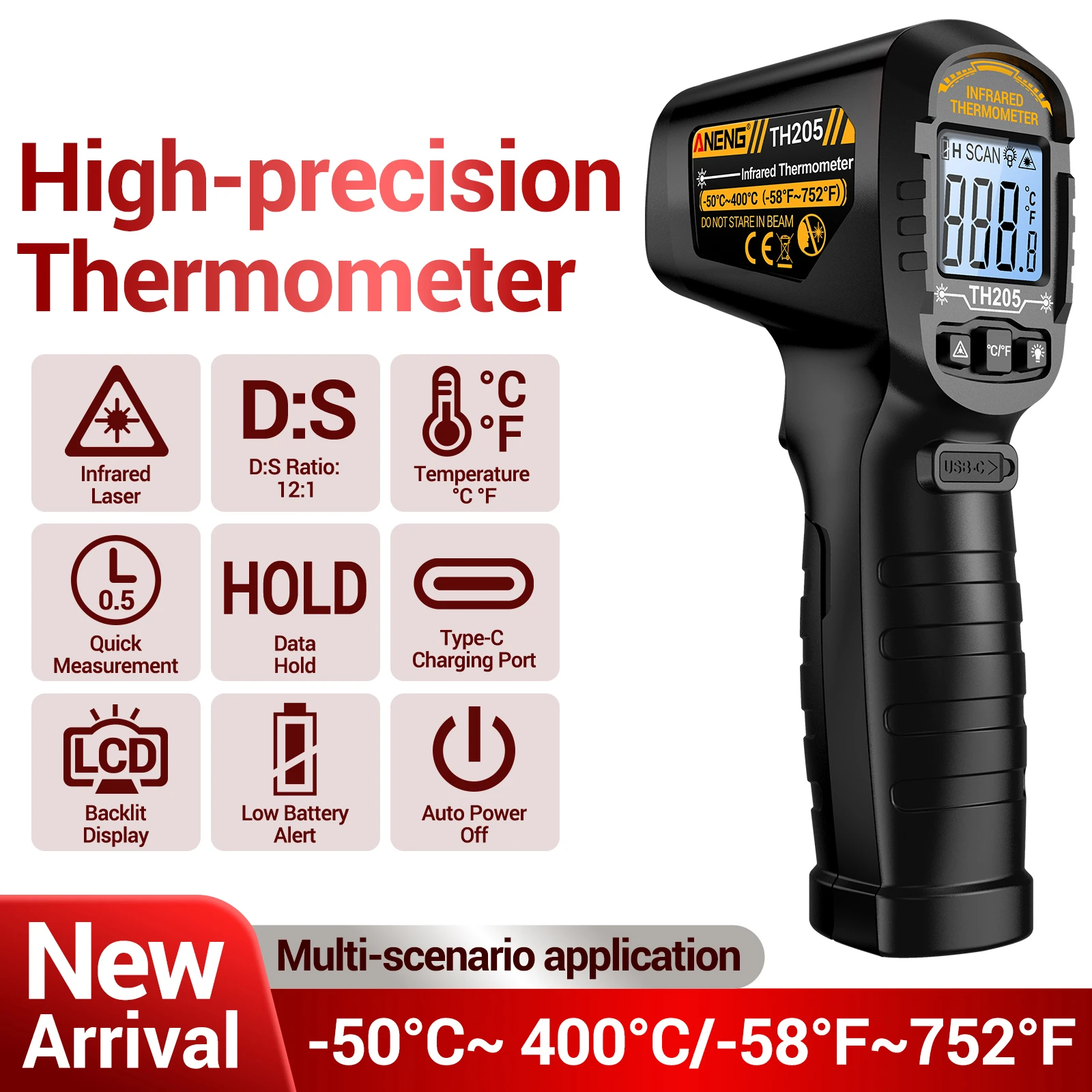 ANENG TH205 Infrared Thermometer Non-contact -50 to 400℃ IR Temp Gauge 12:1 D:S Ratio for Industrial HVAC Laser Temperature Gun