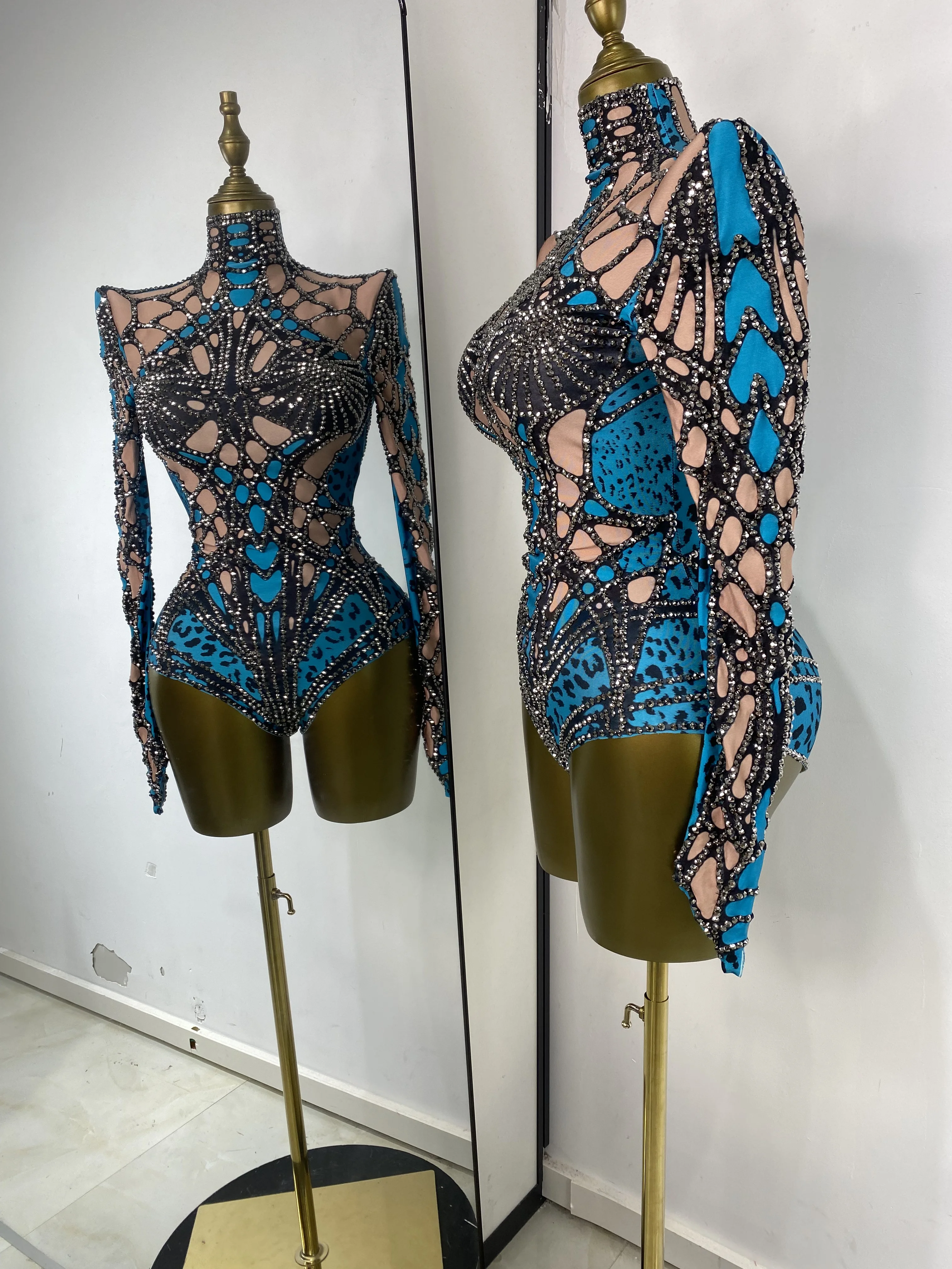 Body da donna con collo alto a maniche lunghe con strass stampati per occasioni speciali Body da ginnastica ritmica Abito da ballo sportivo