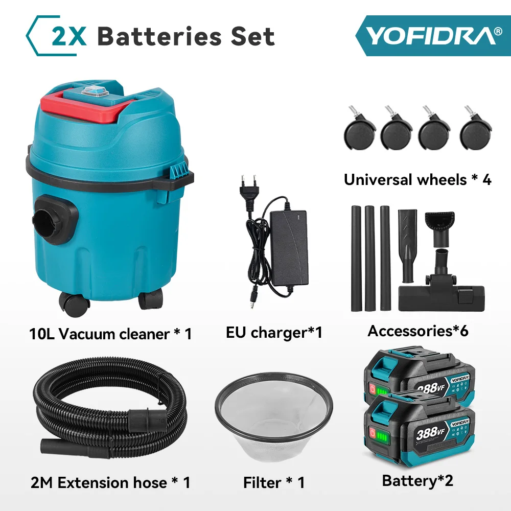 2000W Elektrische Nat & Droog Stofzuiger 10L Tank Met Wielen Huishoudelijke Industriële Schoon Gereedschap Voor Makita Batterij pin