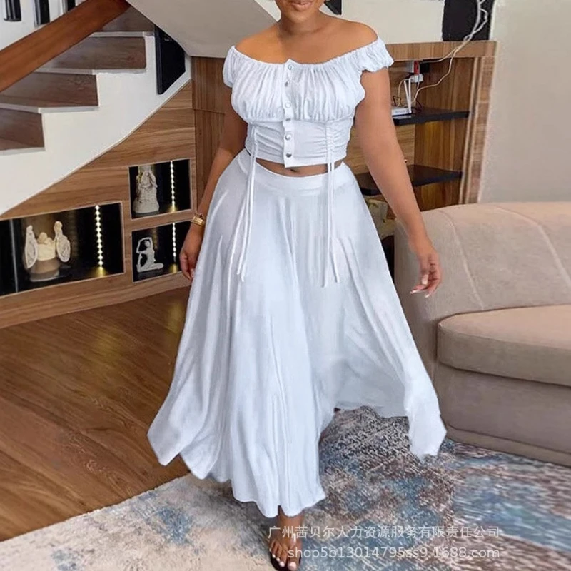 

Two Piece Sets Women Skirt Set Off Shoulder Short Tops Long Skirts A Line High Waist Casual Y2k Streetwear Elegant Matching Sets