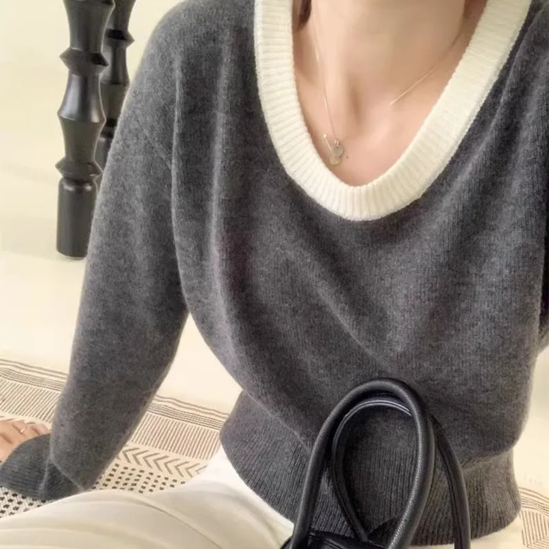 Spring And Autumn U-neck Wool Pullover Female Loose High-End Long-Sleeved Sweater Slim Knit Bottoming Shirt